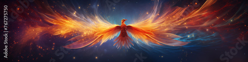 Adorable phoenix bird with majestic wings spread graces fantastical cosmic landscape, Concept of awakening spirituality. Magical fantasy epic wallpaper