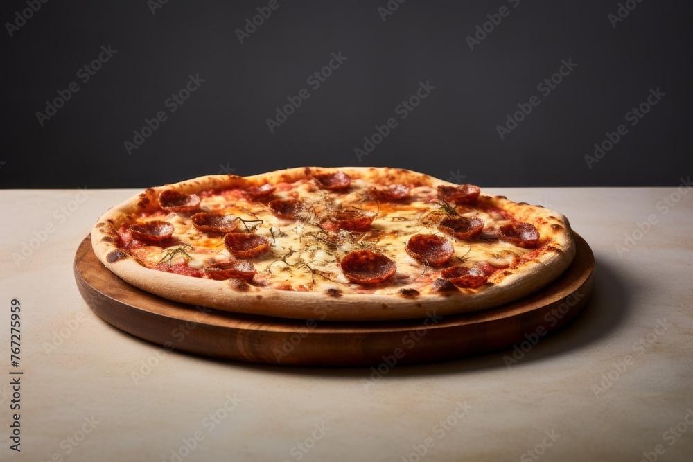 Exquisite pizza in a clay dish against a minimalist or empty room background