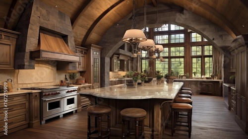 Rustic yet refined Tuscan-inspired kitchen with vaulted wood plank ceilings arched stone doorways and large center island.