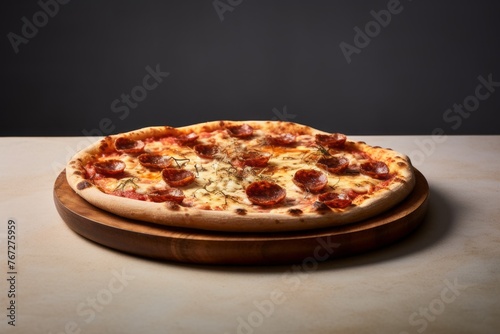 Exquisite pizza in a clay dish against a minimalist or empty room background