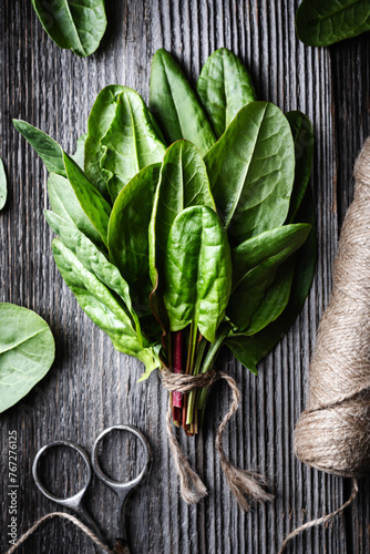 Bunch of fresh organic sorrel leaves on wooden table with scissors and rope. Food photography