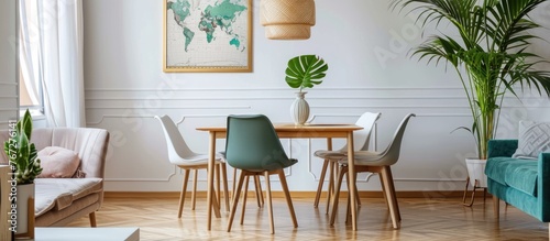 Dining room interior with a stylish and varied design  featuring a mock-up poster map  shared table with chairs  a gold pendant lamp  and an elegant sofa in a separate area.