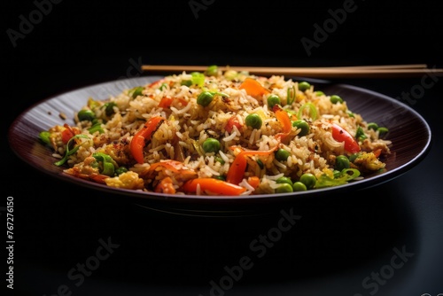 Tasty fried rice on a rustic plate against a minimalist or empty room background