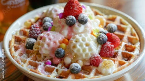 Waffles with berries and ice cream on a plate. A beautifully presented dessert.