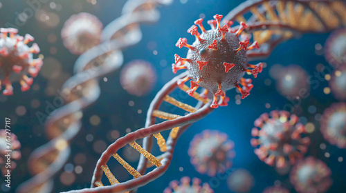 View of Virus and corrupted DNA - Virus particle intertwined with a DNA strand, useful for medical and scientific education and research