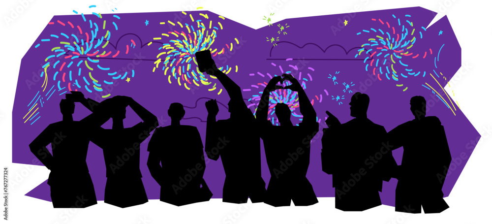 Black shadow silhouettes of people watching fireworks, cartoon vector illustration isolated on background. A crowd of people celebrating festive event or national holiday with fireworks.