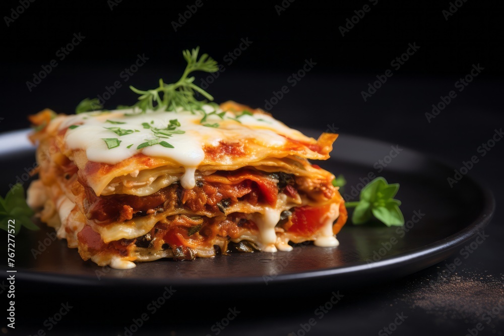 Refined lasagna on a slate plate against a minimalist or empty room background Refined lasagna on a slate plate against a minimalist or empty room background