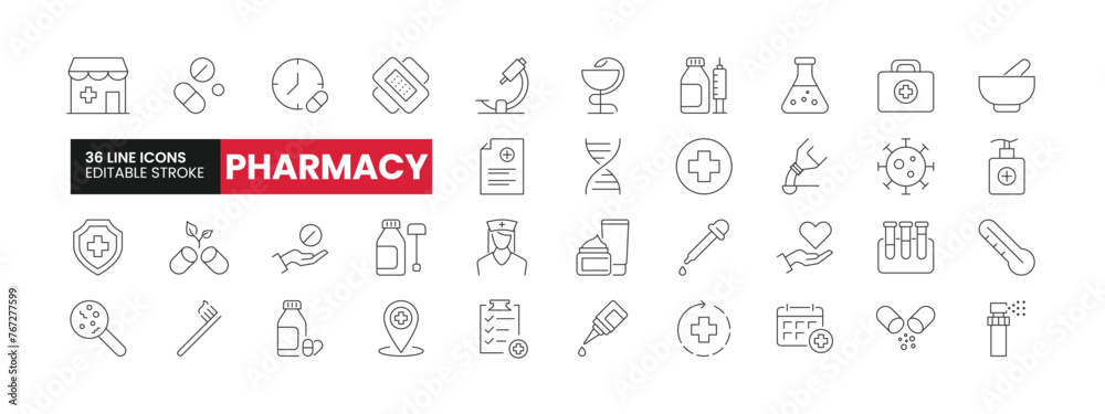 Set of 36 Pharmacy line icons set. Pharmacy outline icons with editable stroke collection. Includes Pharmacy, Medicine, First Aid, Virus, Healing, and More. Set of 36 Pharmacy line icons set. Pharmacy outline icons with editable stroke collection. Includes Pharmacy, Medicine, First Aid, Virus, Healing, and More.