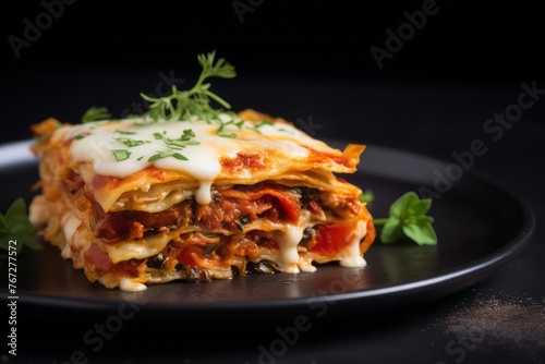 Refined lasagna on a slate plate against a minimalist or empty room background
