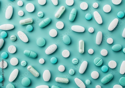 A background of teal and white pills in various shapes, with some in half circular shapes and others as round capsule pills Generative AI