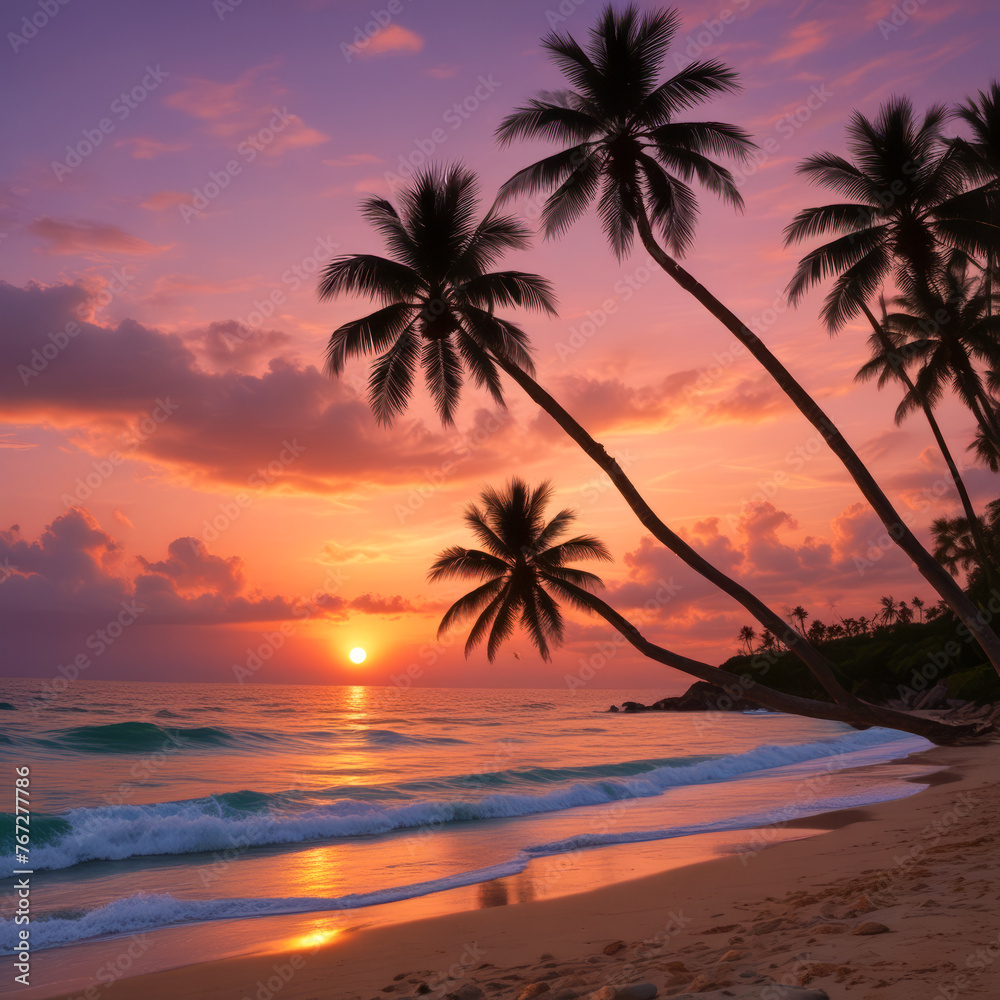 Sunset at a tropical beach. Palm trees on sandy island in the ocean