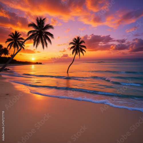 Sunset at a tropical beach. Palm trees on sandy island in the ocean © sofoklis
