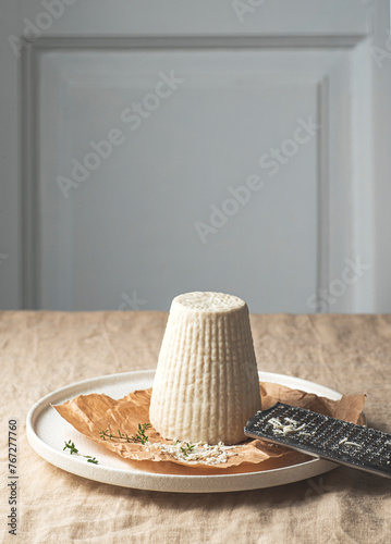 Wallpaper Mural Ricotta salata or salt ricotta is a basic ingredient of Sicilian and Sardinian cuisine, for pastas, salads and casseroles, dairy product from the whey of cow, buffalo, goat or sheep's milk, interior Torontodigital.ca