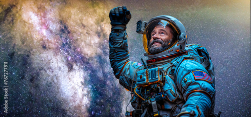 A man in a space suit is waving his hand in the air. The background features a galaxy with stars and a large white cloud.