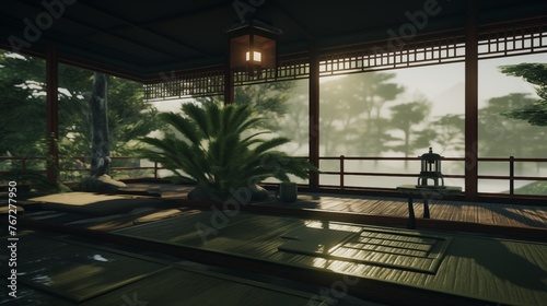 Serene Japanese tea house with shoji screens tatami mats and calming water feature.