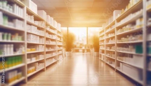 pharmacy drugstore shelves interior blurred abstract background with copy space photo