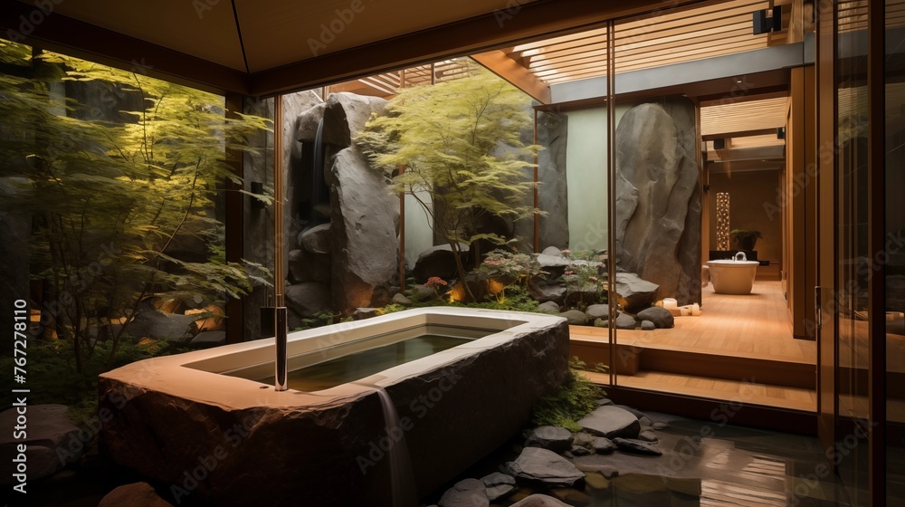 Serene Japanese-inspired spa bathroom with hinoki ofuro tub shoji ...
