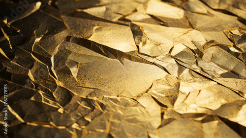 A crumpled textured sheet of gold foil creating a rich abstract pattern background. Shining sparkling backdrop