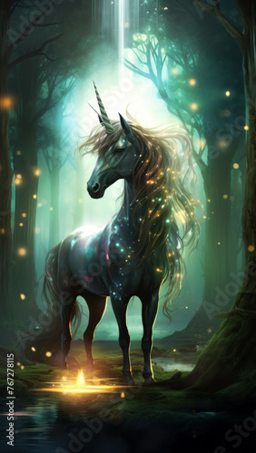 A mythical unicorn horse with a shimmering mane with orbs of light and tiny sparkling particles floating in the air stands in a magical forest full of celestial lights. Dreamy concept