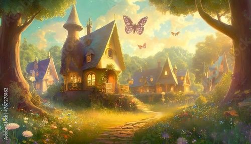 illustration of a fantasy village in a magical forest landscape with whimsical houses and fairies