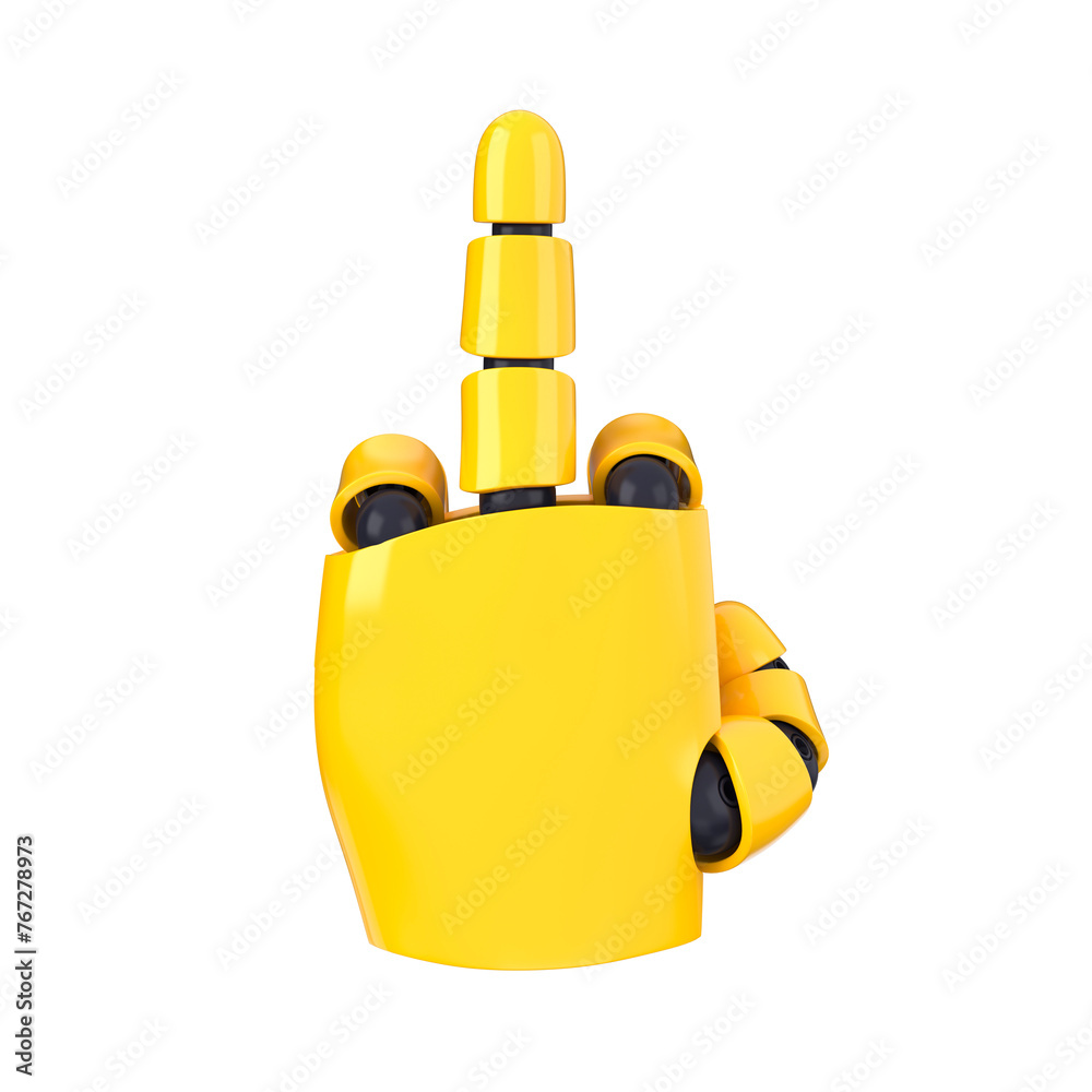 Yellow emoji bot hand show middle finger. Isolated AI or automated error concept. 3d rendering Yellow emoji bot hand show middle finger. Isolated AI or automated error concept. 3d rendering