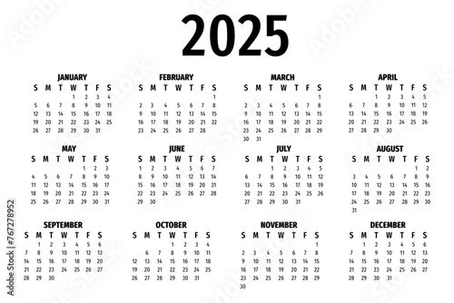 Classic vector calendar for 2025. Printable calendar layout.