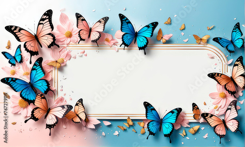 Fluttering delicate butterflies in vibrant colors flying and blue splashes in white, sky blue, blush pink and golden colors palette.