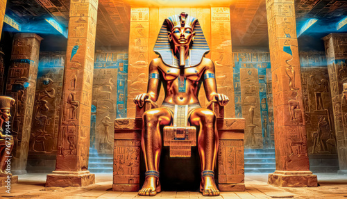 The beautiful Egyptian goddess-pharaoh Tutankhamun sits on a golden throne in the temple of Thebes