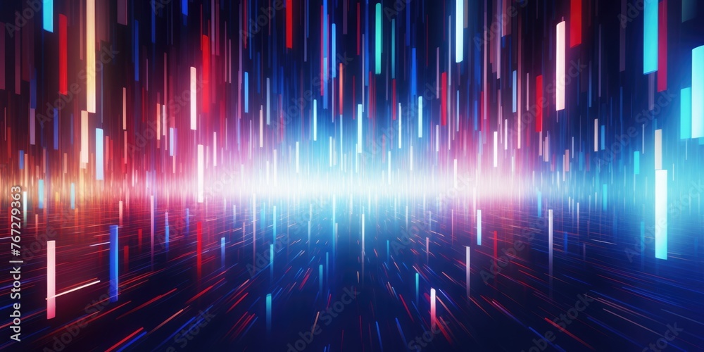 The picture of the uncountable amount of the vertical red and blue neon light pillars that has been filled everywhere of picture of futuristic enormous dark cyberspace yet bright with light. AIGX01.
