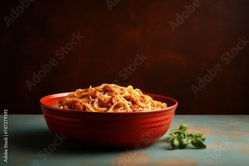 Hearty spaghetti in a clay dish against a minimalist or empty room background
