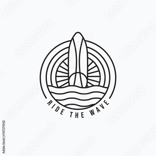 Surfing board with waves line art logo vector minimalist illustration design