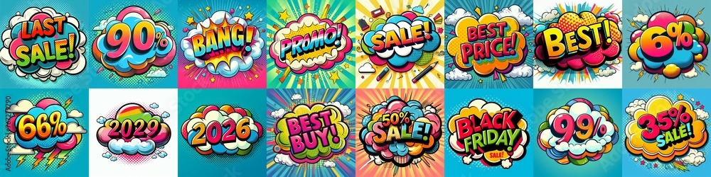 Sale stickers pop art style. AI generated illustration