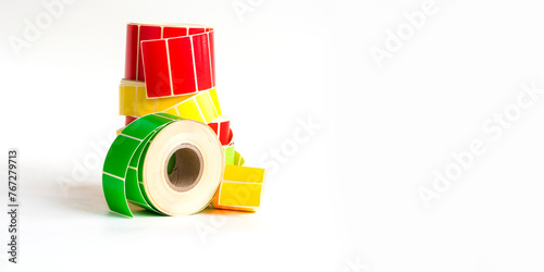 Online, digital self-adhesive labels for advertising and data labeling on a white background.