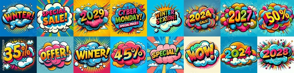 Fototapeta premium Sale stickers pop art style. AI generated illustration