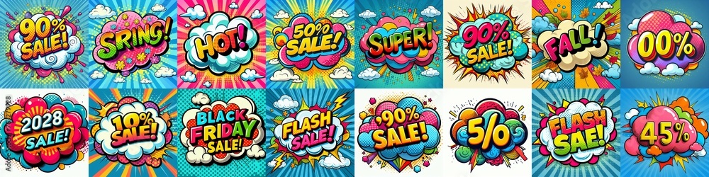 Fototapeta premium Sale stickers pop art style. AI generated illustration