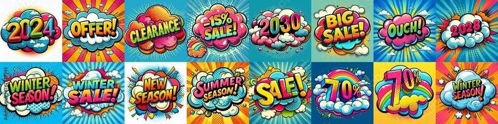 Fototapeta premium Sale stickers pop art style. AI generated illustration