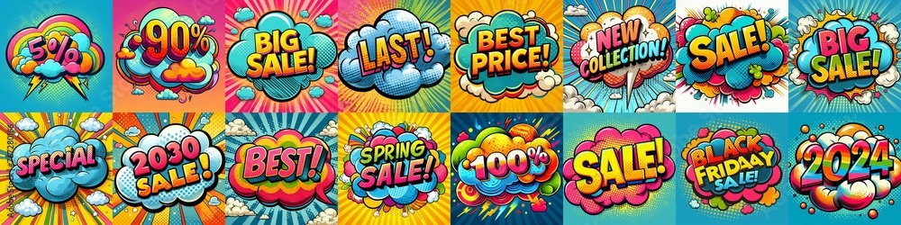 Obraz premium Sale stickers pop art style. AI generated illustration