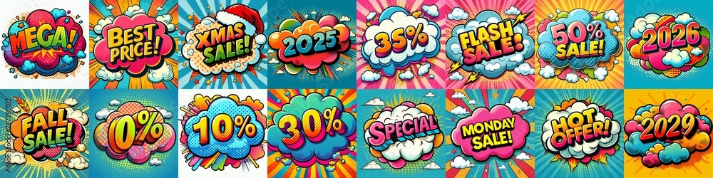 Sale stickers pop art style. AI generated illustration