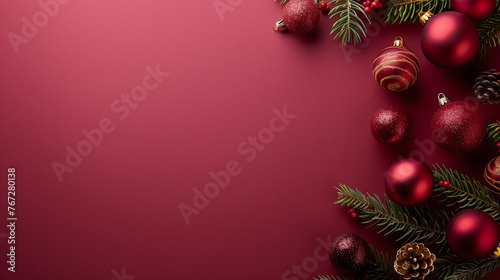 minimal top view of chritmas decorations on a bordeaux background