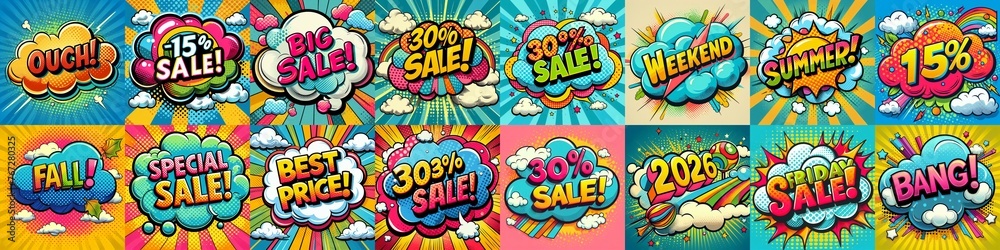 Fototapeta premium Sale stickers pop art style. AI generated illustration