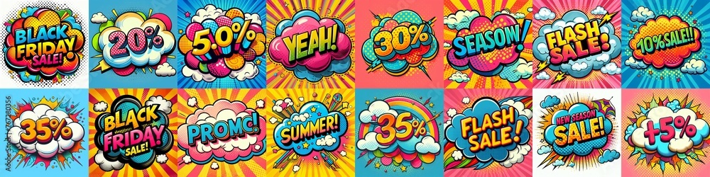 Sale stickers pop art style. AI generated illustration