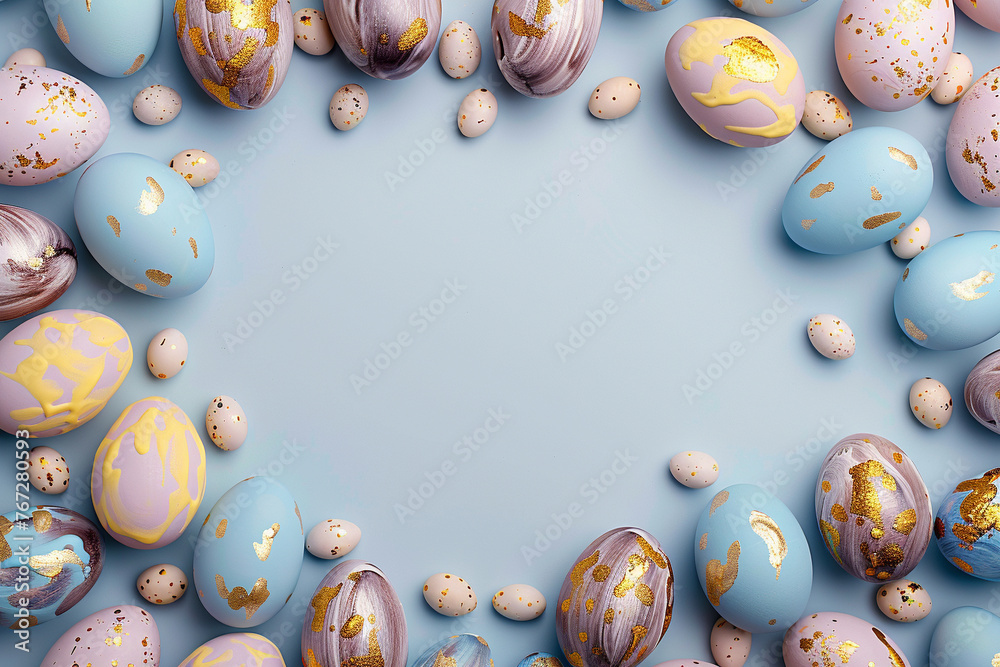 top view, light solid background, frame from painted eggs blue and golden colors, easter concept, studio light top view, light solid background, frame from painted eggs blue and golden colors, easter concept, studio light
