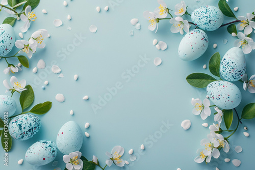 Easter eggs with spring flowers and leaves. Top flat view with pastel blue and white colors background. Banner of sweet dyed eggs for Passover with copy space