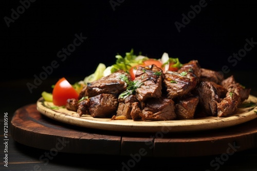 Refined kebab on a rustic plate against a minimalist or empty room background