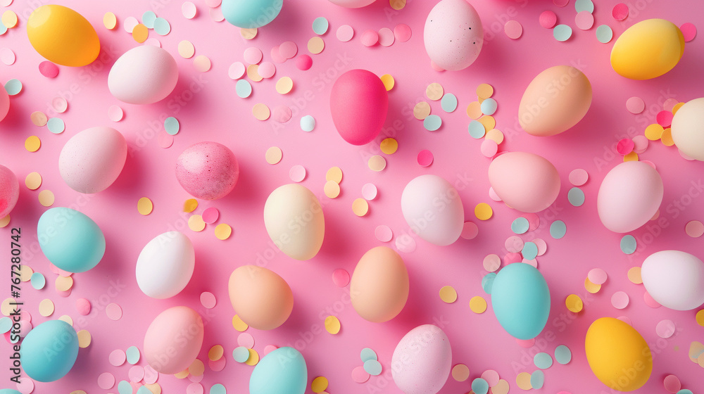 easter eggs collage on background. Colourful eggs flying over minimal pastel pink background, flat lay