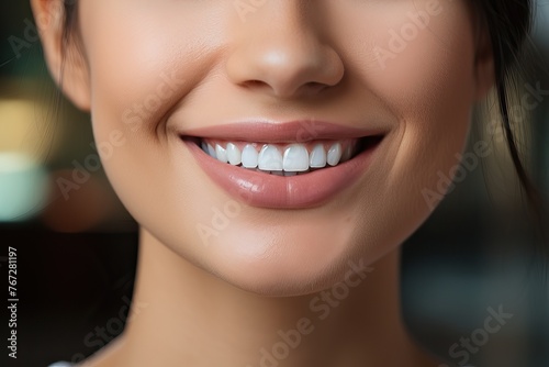 A perfect smile with white teeth of a young girl close-up.