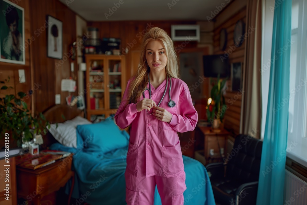 A woman dressed in a pink scrub suit is standing in a bedroom, possibly getting ready for work. A woman dressed in a pink scrub suit is standing in a bedroom, possibly getting ready for work.