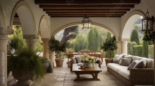 Mediterranean indoor/outdoor loggia with stone arches beamed ceilings and covered alfresco lounge. © Aeman