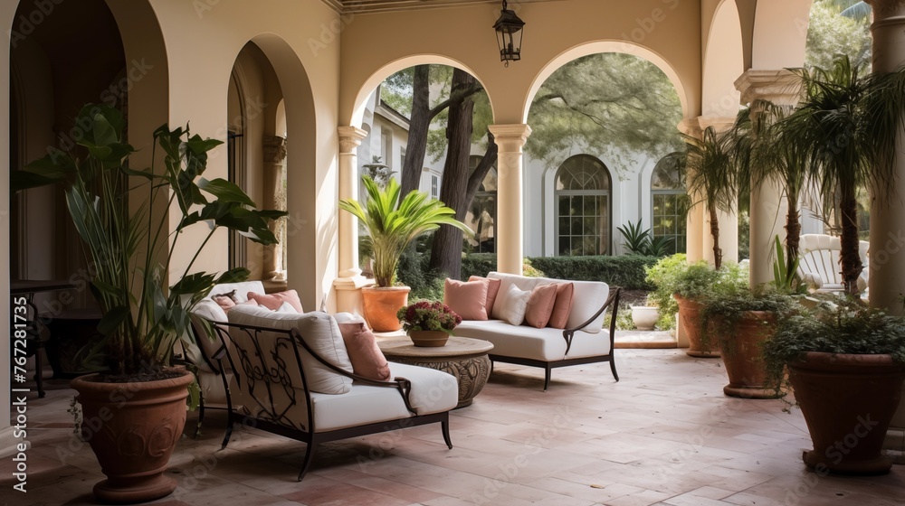 Fototapeta premium Mediterranean inspired courtyard loggia with terra cotta floors arched openings and stucco columns.