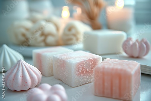 Detailed view of various colored soaps neatly arranged on a table.